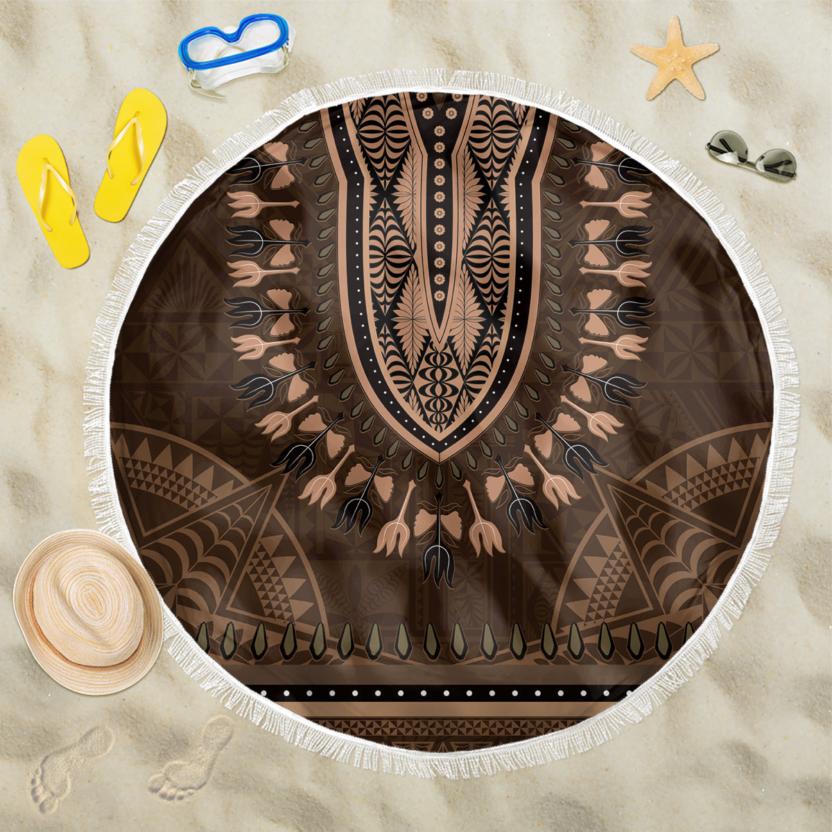 Brown African Dashiki With Tonga Ngatu Pattern Beach Blanket LT14 One Size 150cm Brown - Polynesian Pride