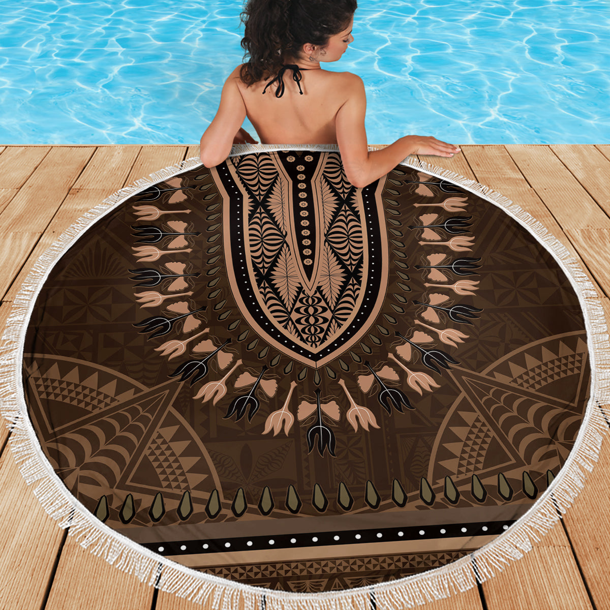 Brown African Dashiki With Tonga Ngatu Pattern Beach Blanket LT14 - Polynesian Pride