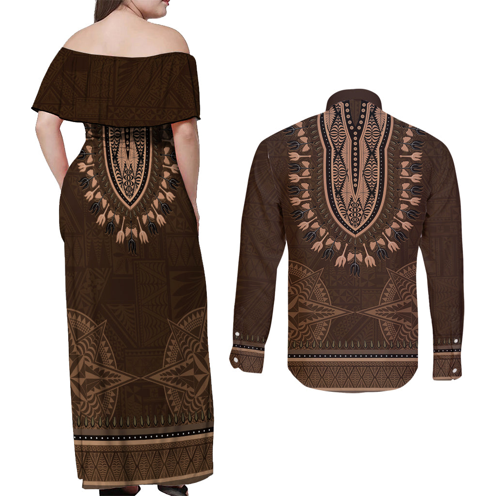 Brown African Dashiki With Tonga Ngatu Pattern Couples Matching Off Shoulder Maxi Dress and Long Sleeve Button Shirt LT14 - Polynesian Pride