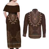 Brown African Dashiki With Tonga Ngatu Pattern Couples Matching Off Shoulder Maxi Dress and Long Sleeve Button Shirt LT14 - Polynesian Pride