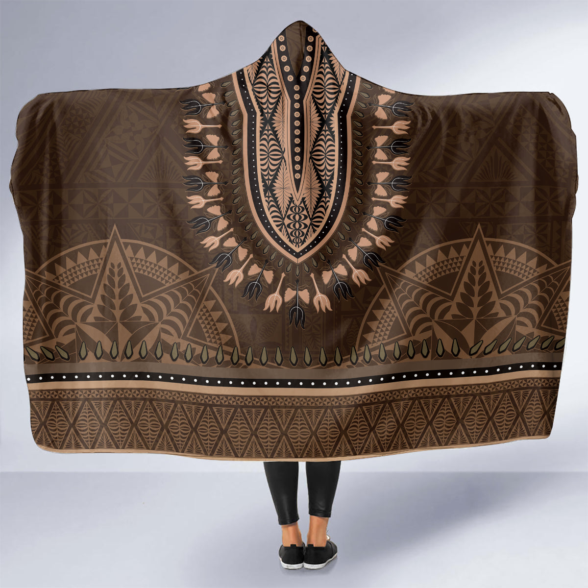Brown African Dashiki With Tonga Ngatu Pattern Hooded Blanket LT14 - Polynesian Pride