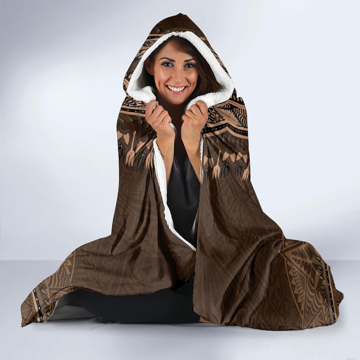 Brown African Dashiki With Tonga Ngatu Pattern Hooded Blanket LT14 - Polynesian Pride