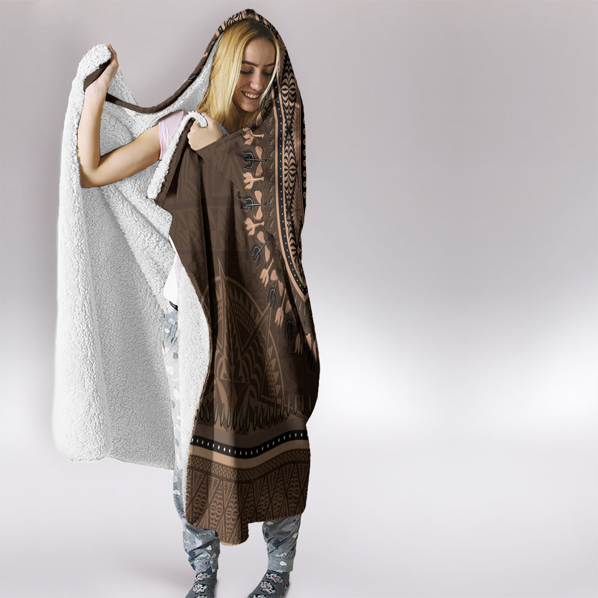 Brown African Dashiki With Tonga Ngatu Pattern Hooded Blanket LT14 - Polynesian Pride