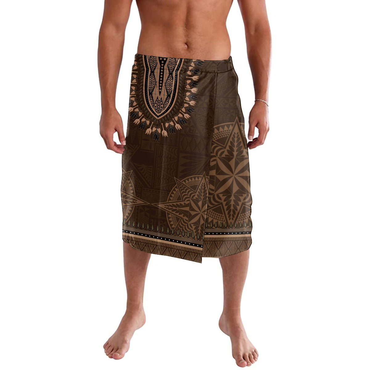 Brown African Dashiki With Tonga Ngatu Pattern Lavalava LT14 Brown - Polynesian Pride