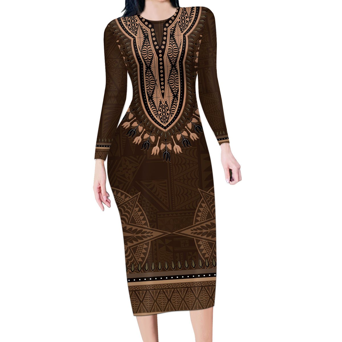 Brown African Dashiki With Tonga Ngatu Pattern Long Sleeve Bodycon Dress LT14 Long Dress Brown - Polynesian Pride