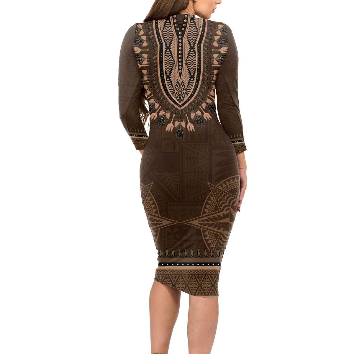 Brown African Dashiki With Tonga Ngatu Pattern Long Sleeve Bodycon Dress LT14 - Polynesian Pride