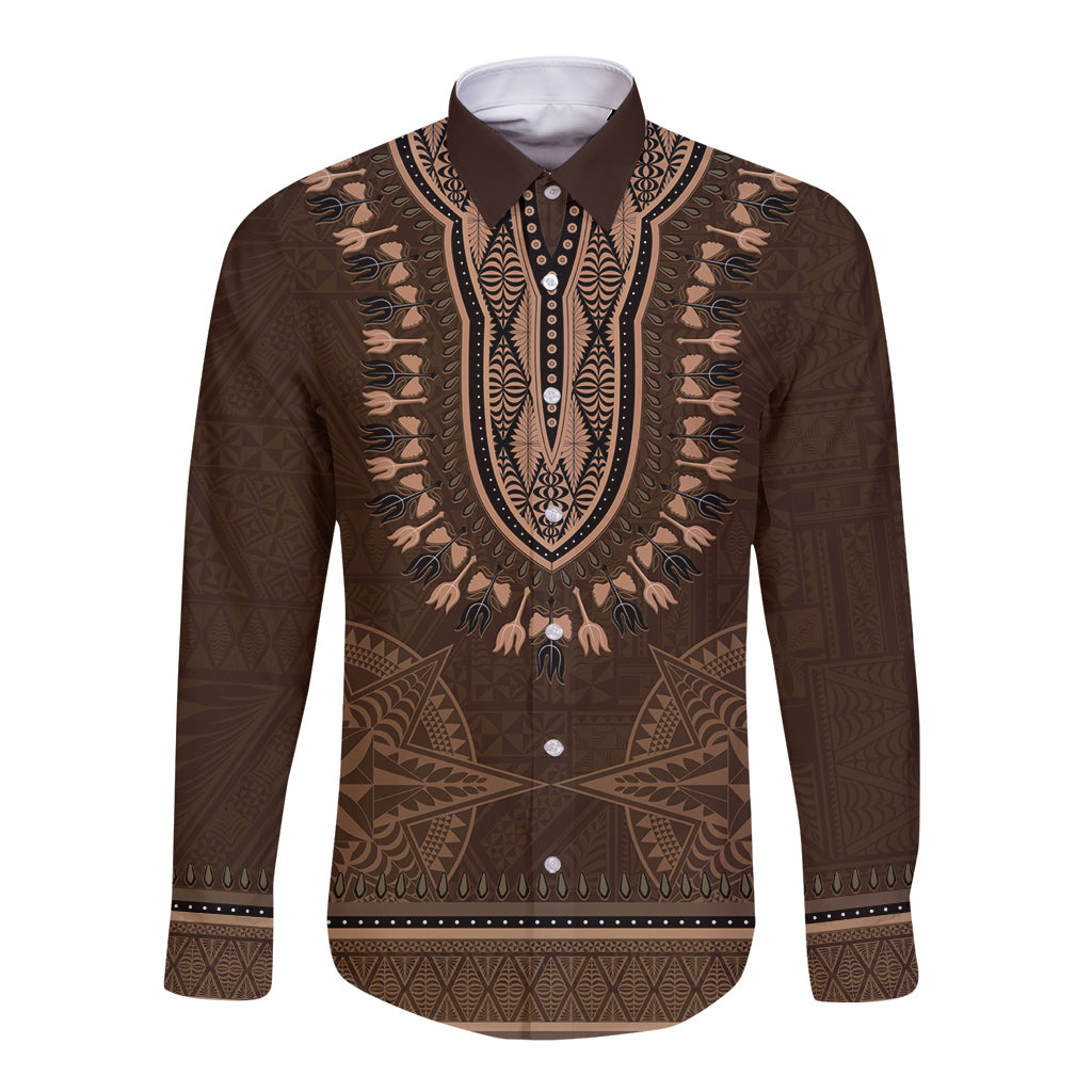 Brown African Dashiki With Tonga Ngatu Pattern Long Sleeve Button Shirt LT14 Unisex Brown - Polynesian Pride