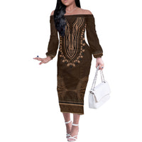Brown African Dashiki With Tonga Ngatu Pattern Off The Shoulder Long Sleeve Dress LT14 Women Brown - Polynesian Pride