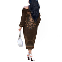 Brown African Dashiki With Tonga Ngatu Pattern Off The Shoulder Long Sleeve Dress LT14 - Polynesian Pride