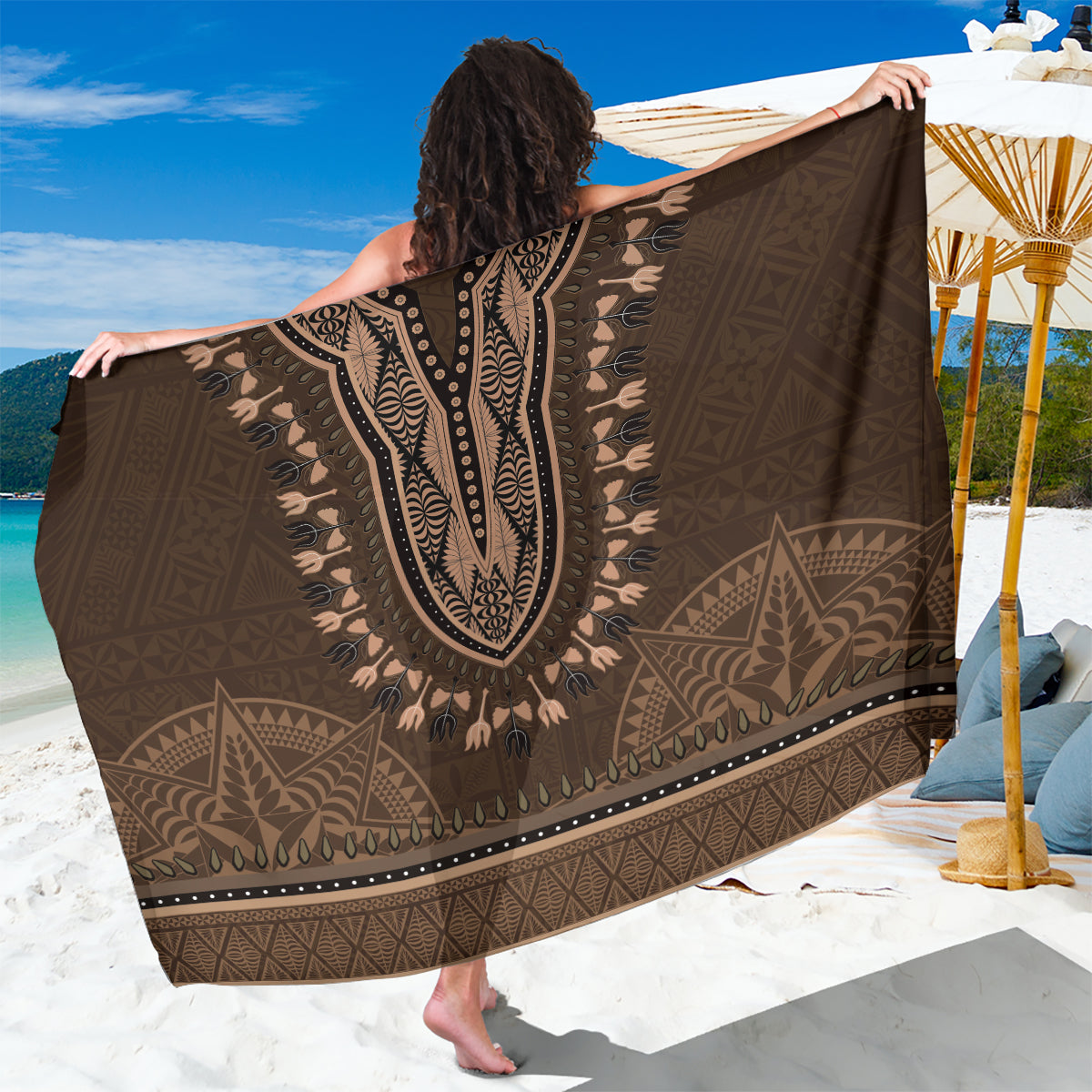 Brown African Dashiki With Tonga Ngatu Pattern Sarong LT14 One Size 44 x 66 inches Brown - Polynesian Pride