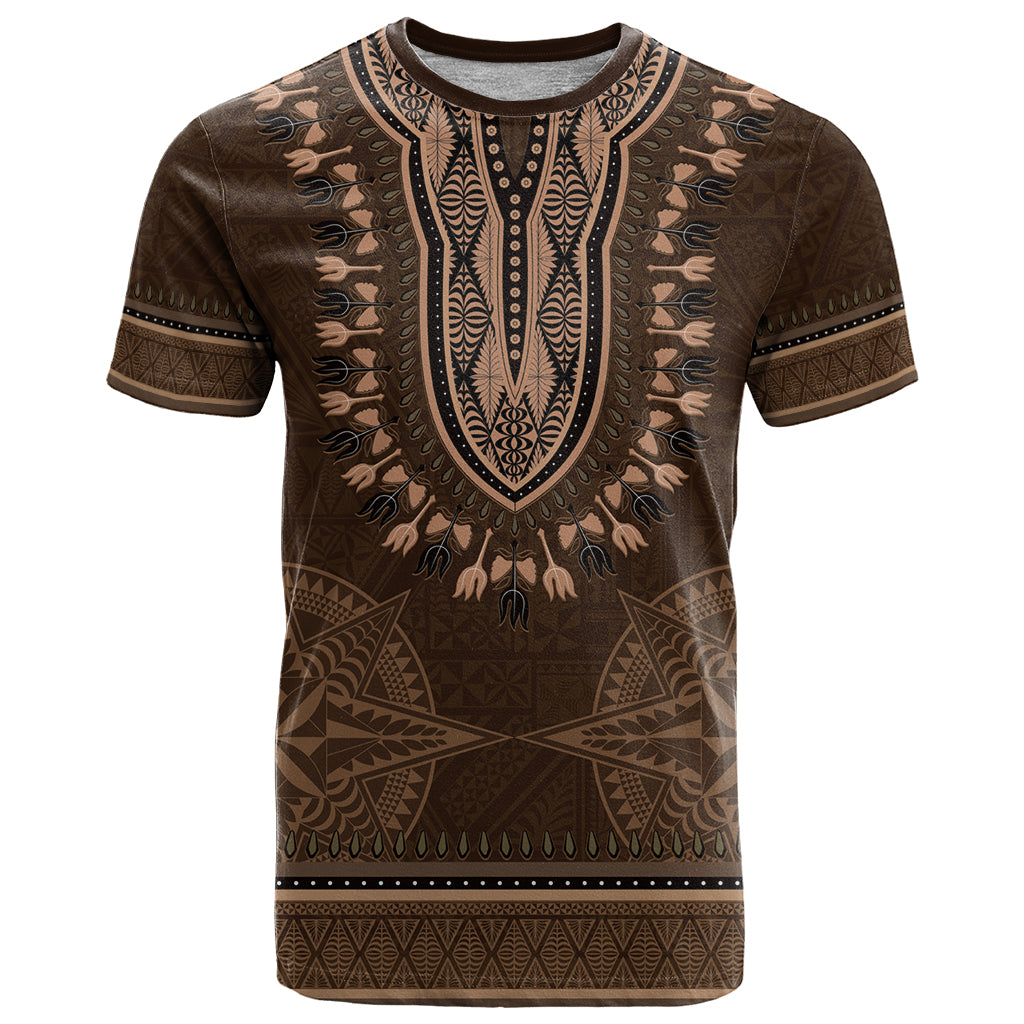 Brown African Dashiki With Tonga Ngatu Pattern T Shirt LT14 Brown - Polynesian Pride