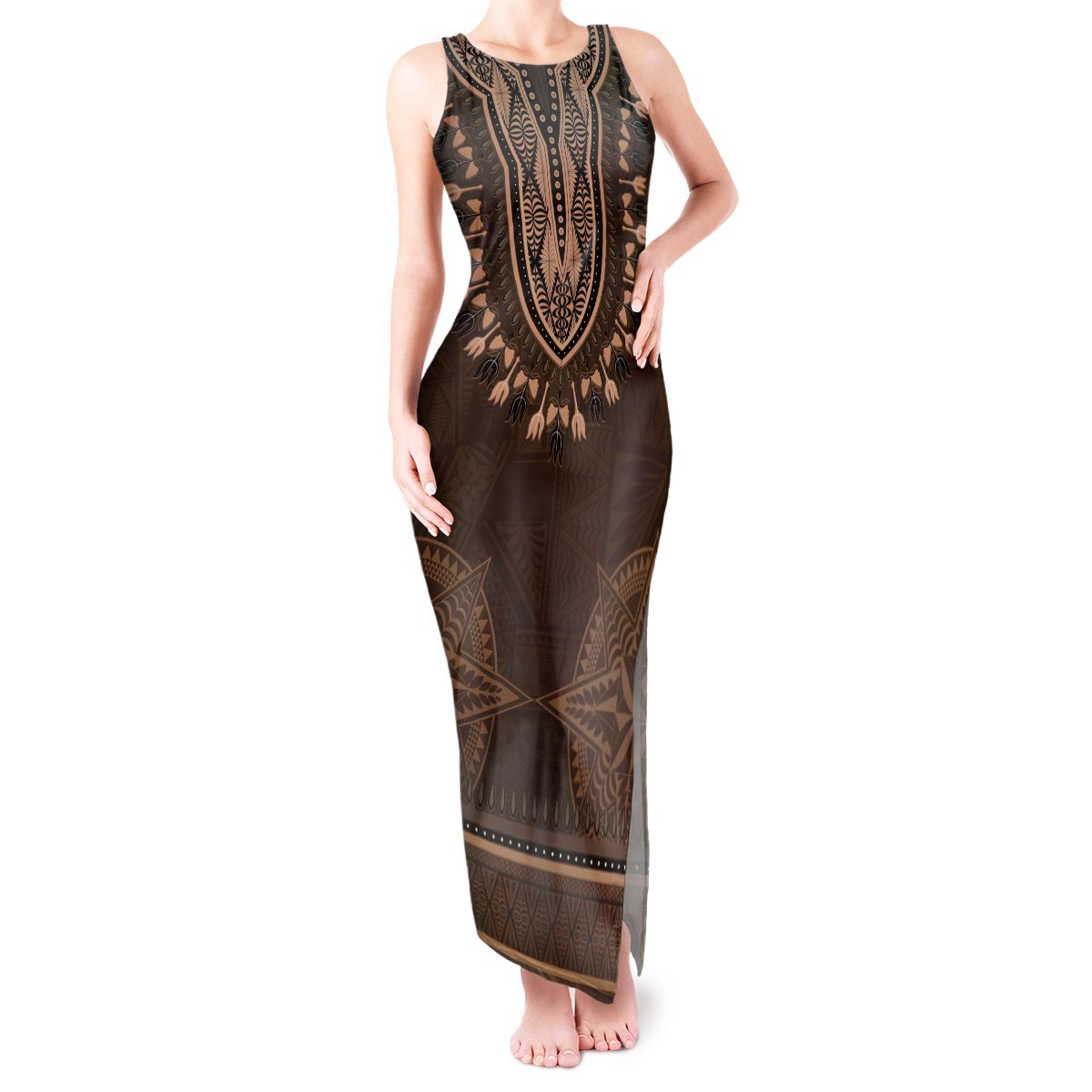 Brown African Dashiki With Tonga Ngatu Pattern Tank Maxi Dress LT14 Women Brown - Polynesian Pride