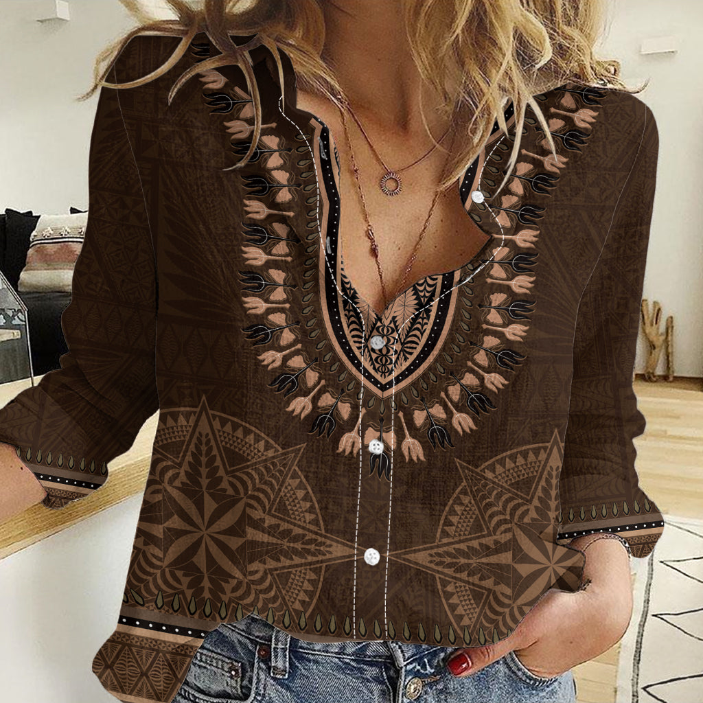 Brown African Dashiki With Tonga Ngatu Pattern Women Casual Shirt LT14 Female Brown - Polynesian Pride