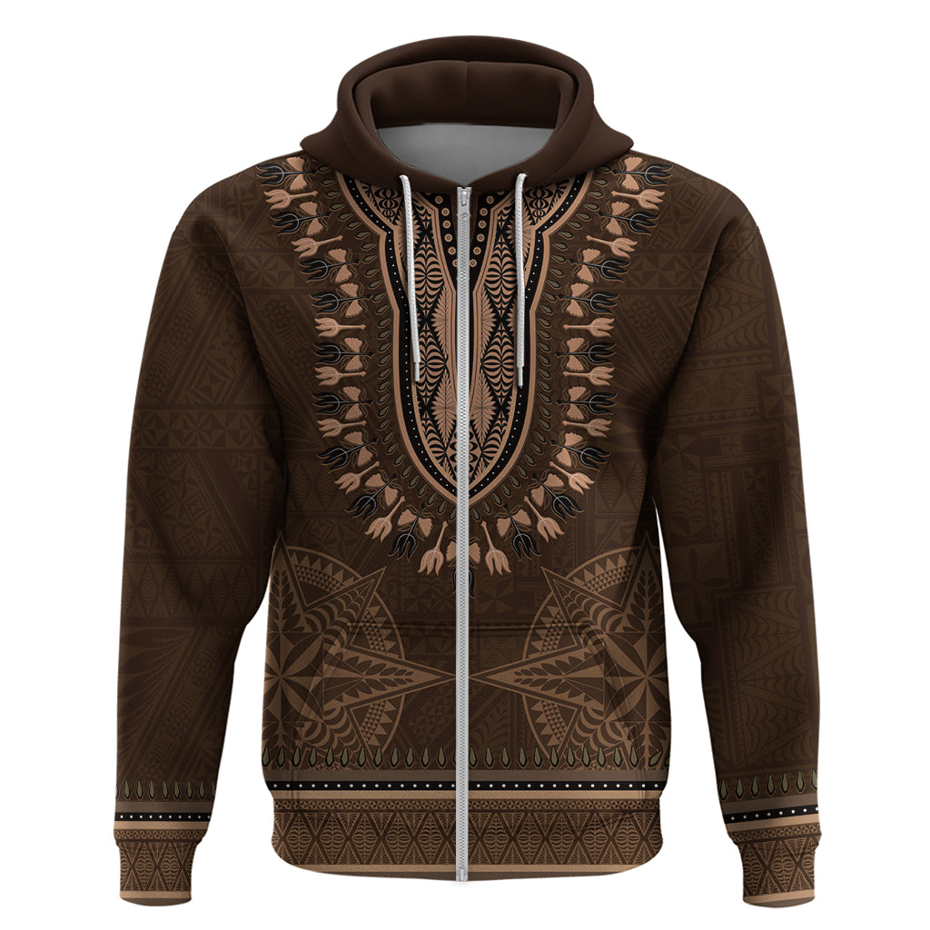 Brown African Dashiki With Tonga Ngatu Pattern Zip Hoodie LT14 Zip Hoodie Brown - Polynesian Pride