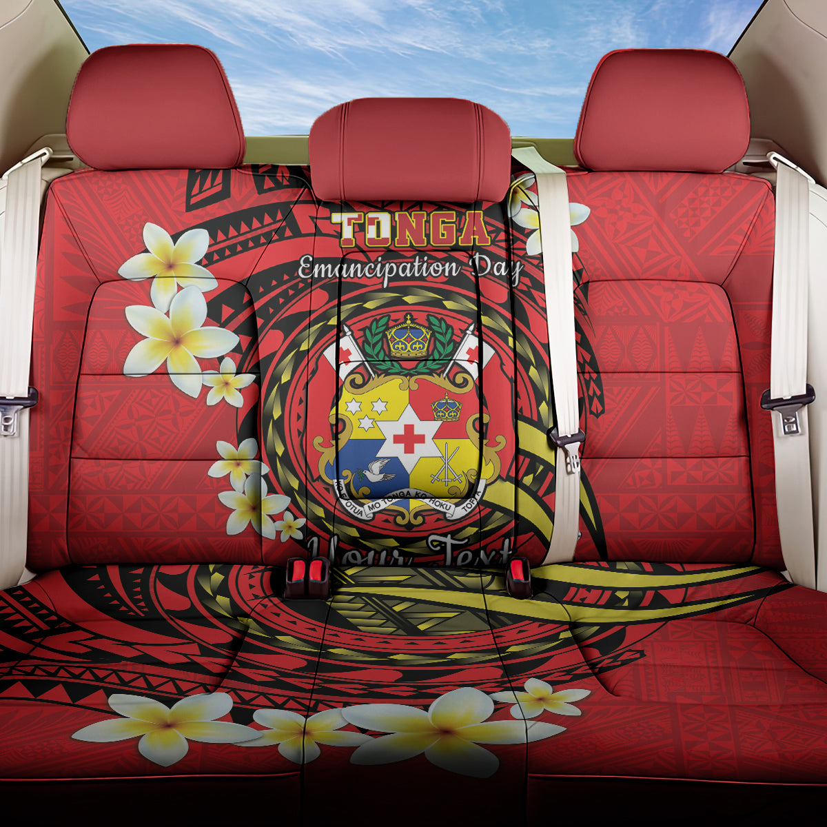 Personalised Tonga Emancipation Day Back Car Seat Cover Tongan Ngatu Pattern - Red Version LT14 One Size Red - Polynesian Pride