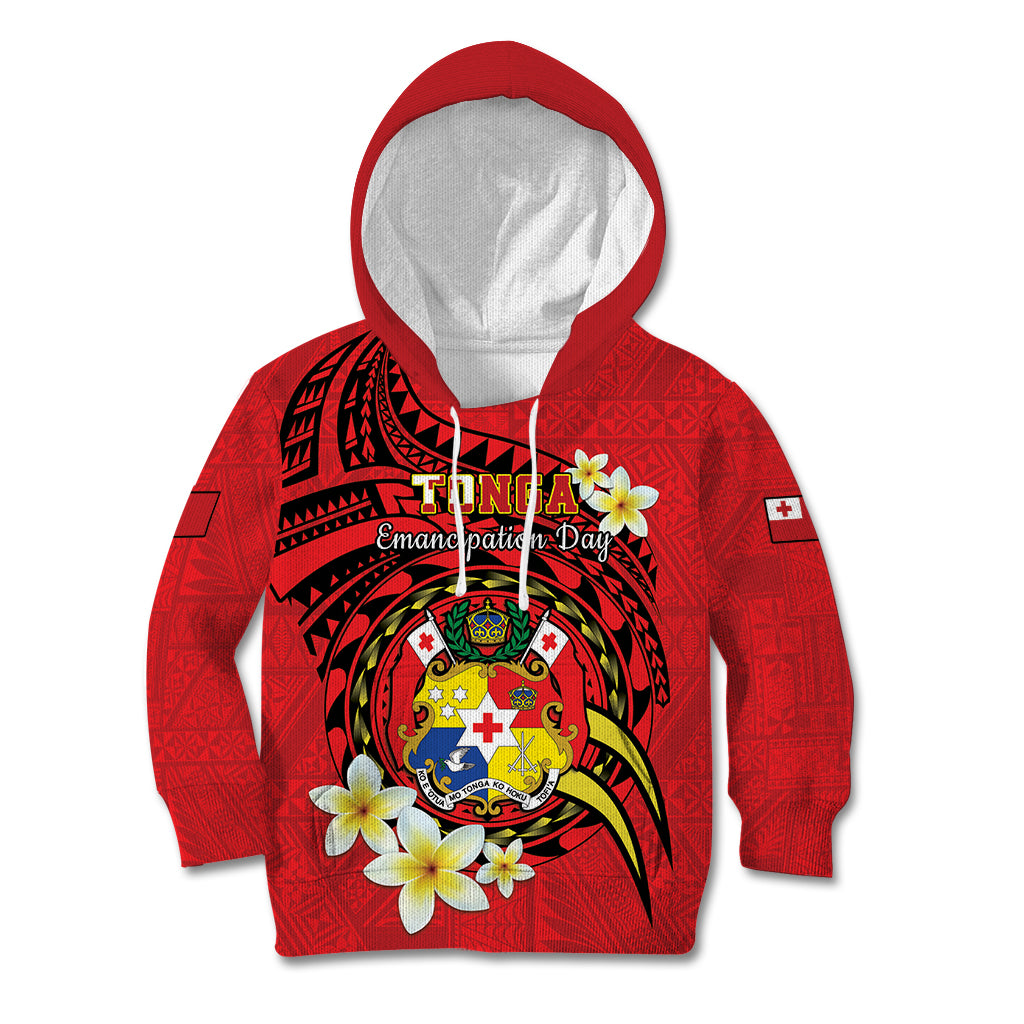 Personalised Tonga Emancipation Day Kid Hoodie Tongan Ngatu Pattern - Red Version