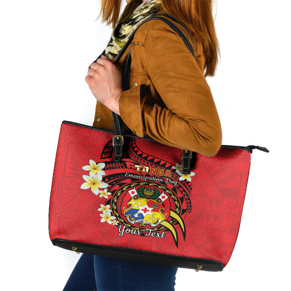 Personalised Tonga Emancipation Day Leather Tote Bag Tongan Ngatu Pattern - Red Version LT14 Red - Polynesian Pride