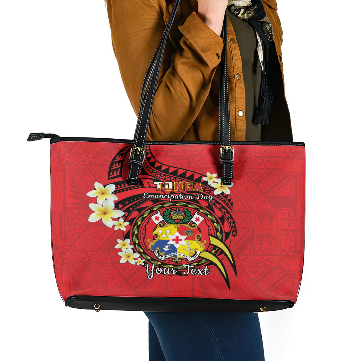 Personalised Tonga Emancipation Day Leather Tote Bag Tongan Ngatu Pattern - Red Version LT14 - Polynesian Pride