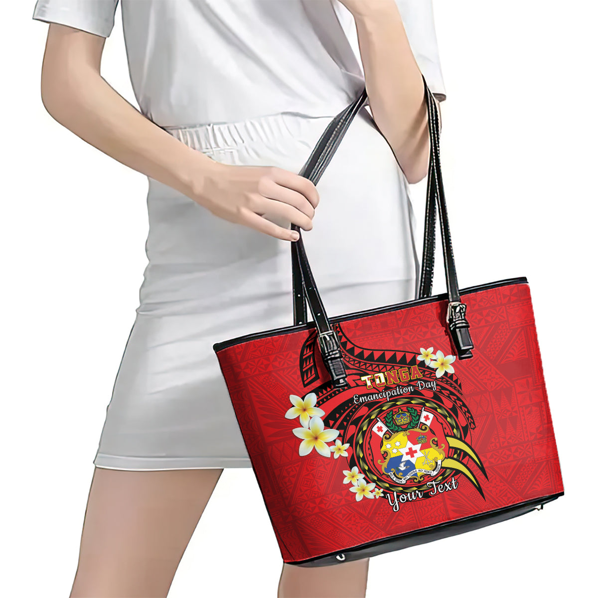 Personalised Tonga Emancipation Day Leather Tote Bag Tongan Ngatu Pattern - Red Version LT14 - Polynesian Pride