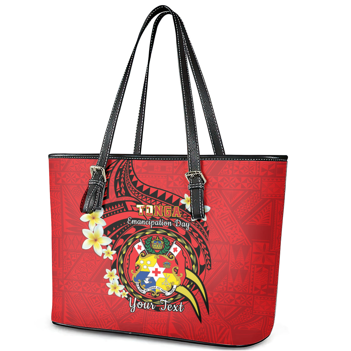 Personalised Tonga Emancipation Day Leather Tote Bag Tongan Ngatu Pattern - Red Version LT14 - Polynesian Pride