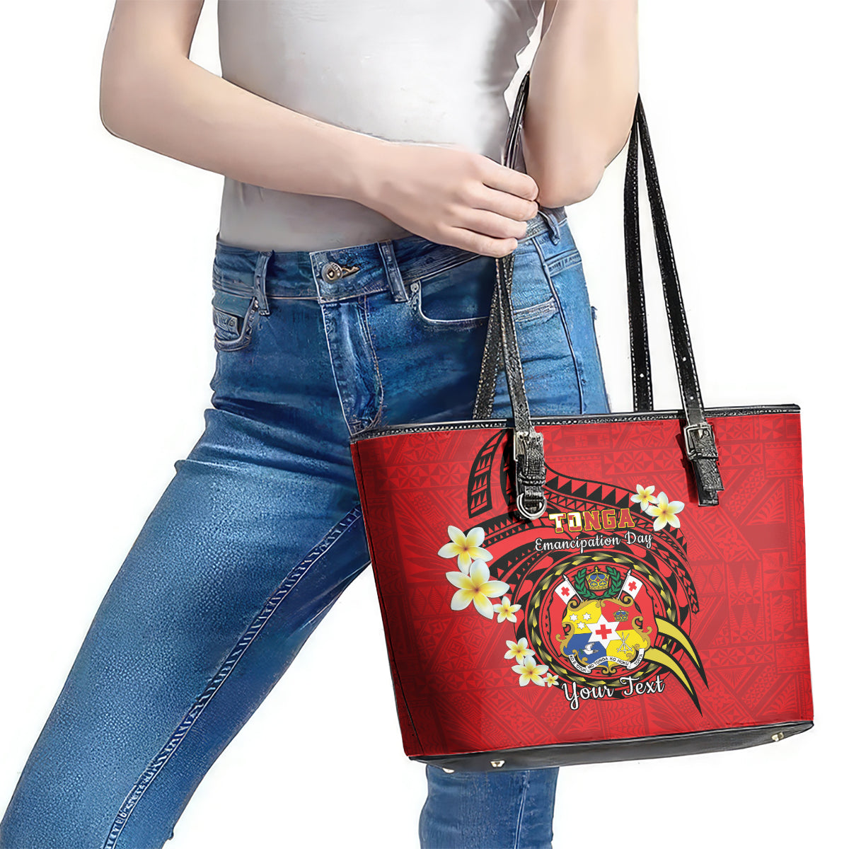 Personalised Tonga Emancipation Day Leather Tote Bag Tongan Ngatu Pattern - Red Version LT14 - Polynesian Pride