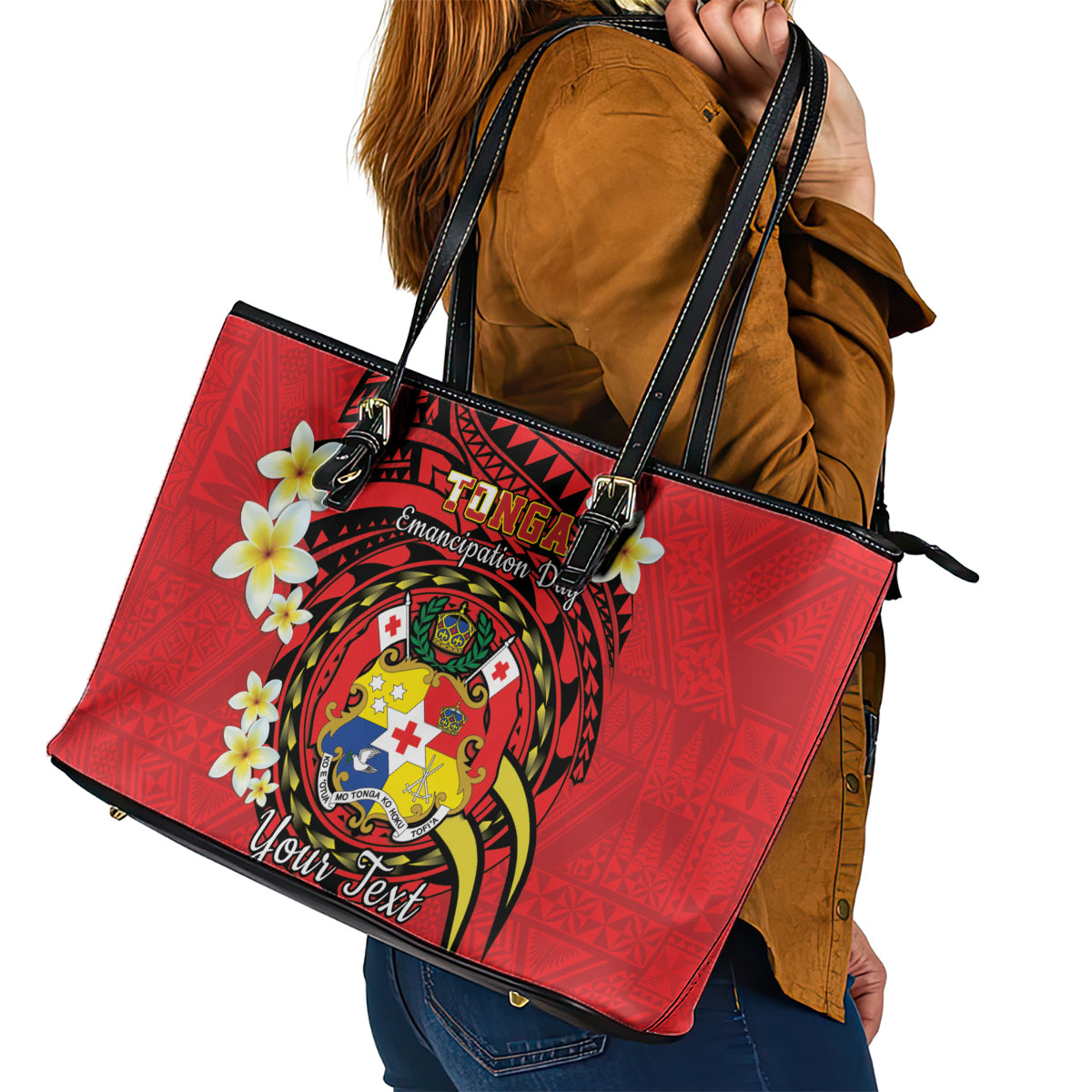 Personalised Tonga Emancipation Day Leather Tote Bag Tongan Ngatu Pattern - Red Version LT14 - Polynesian Pride