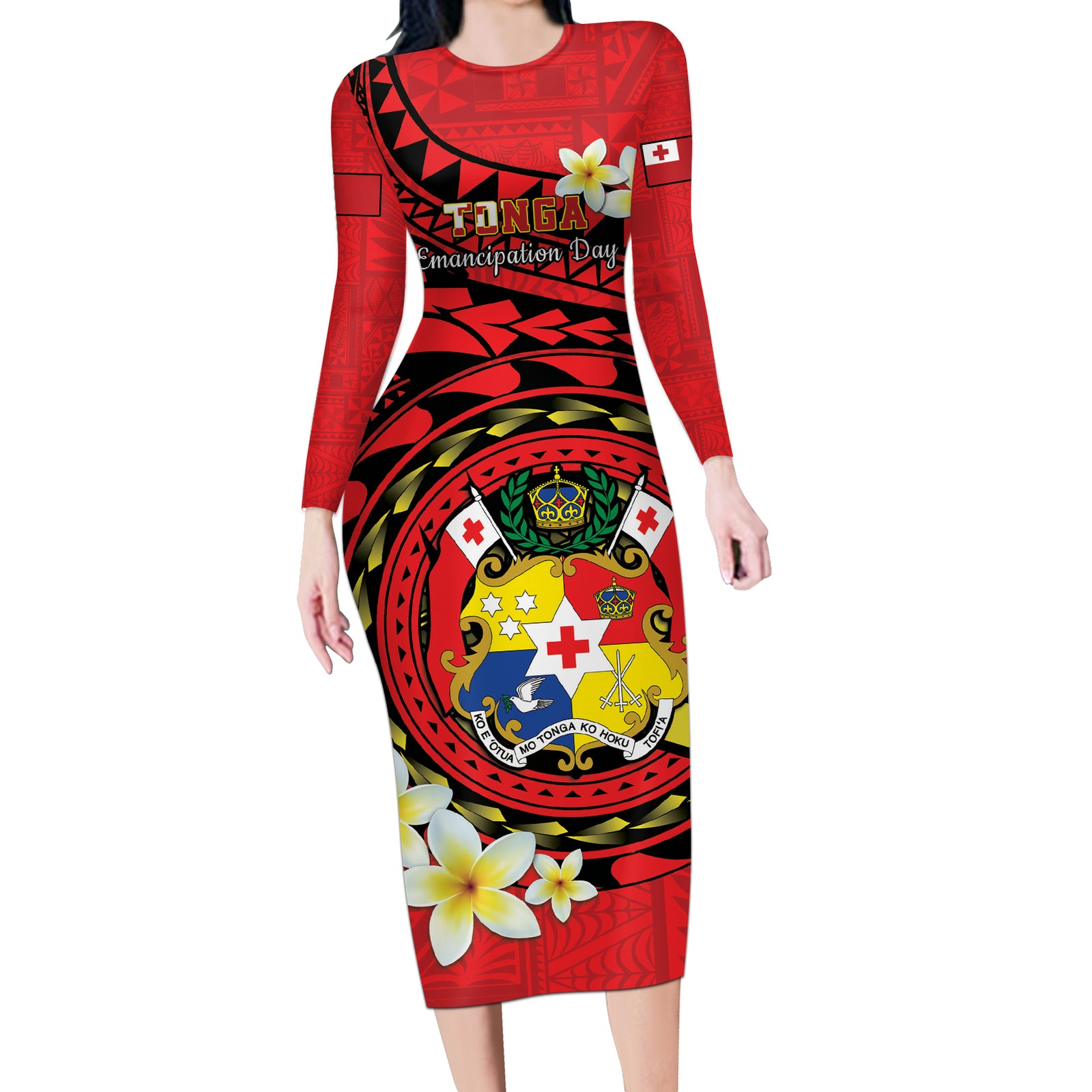 Personalised Tonga Emancipation Day Long Sleeve Bodycon Dress Tongan Ngatu Pattern - Red Version LT14 Long Dress Red - Polynesian Pride