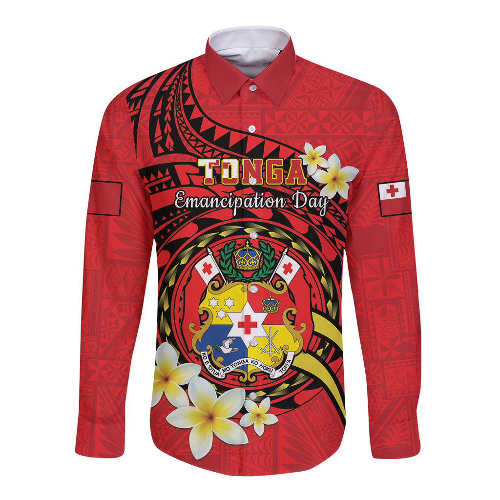 Personalised Tonga Emancipation Day Long Sleeve Button Shirt Tongan Ngatu Pattern - Red Version LT14 Unisex Red - Polynesian Pride