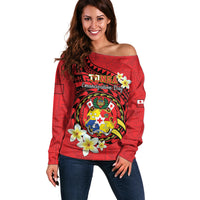 Personalised Tonga Emancipation Day Off Shoulder Sweater Tongan Ngatu Pattern - Red Version LT14 Women Red - Polynesian Pride