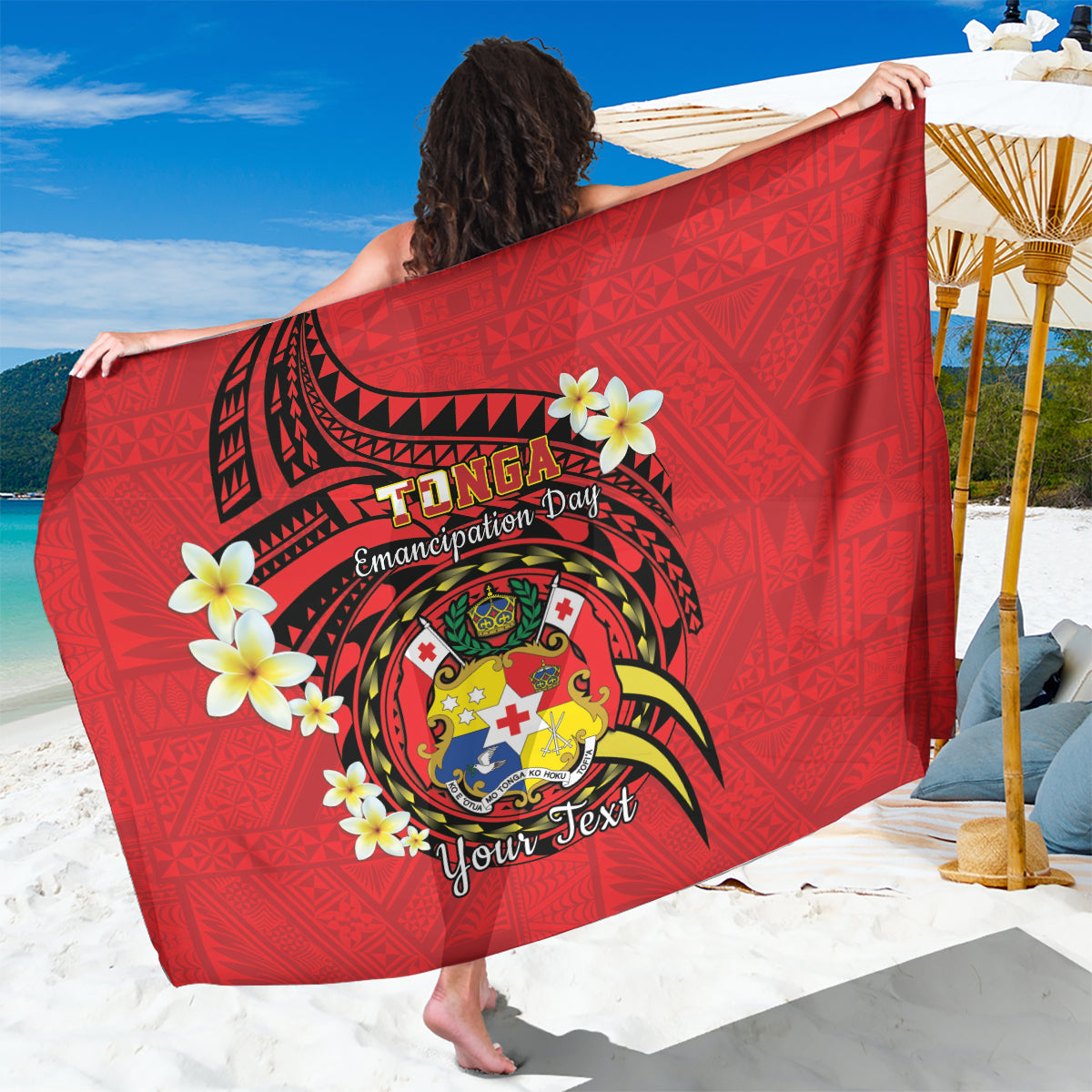 Personalised Tonga Emancipation Day Sarong Tongan Ngatu Pattern - Red Version LT14 One Size 44 x 66 inches Red - Polynesian Pride