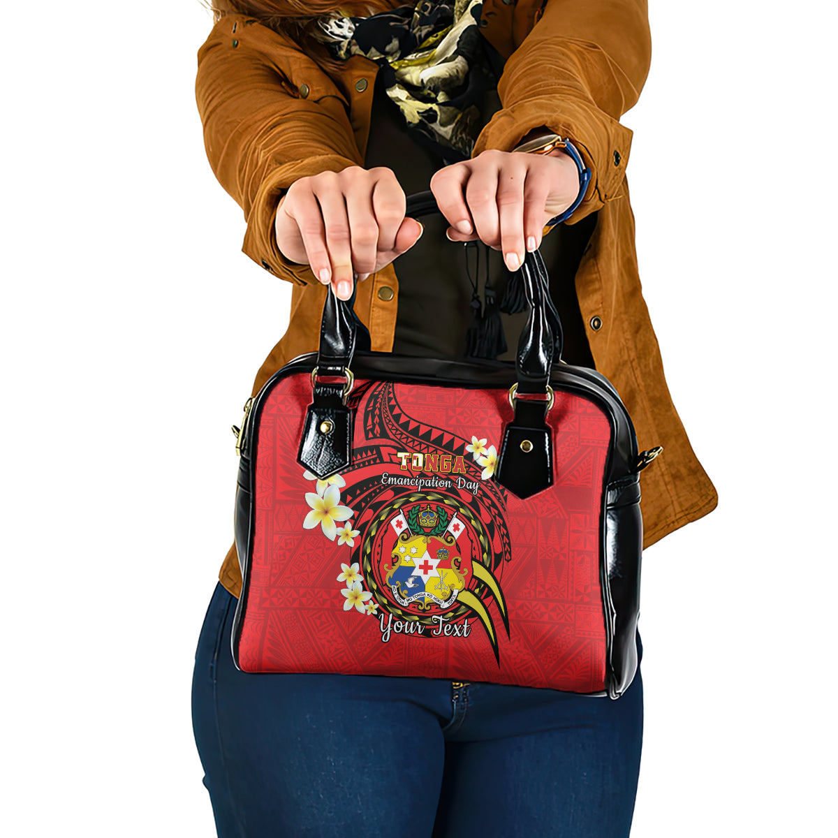 Personalised Tonga Emancipation Day Shoulder Handbag Tongan Ngatu Pattern - Red Version LT14 One Size Red - Polynesian Pride