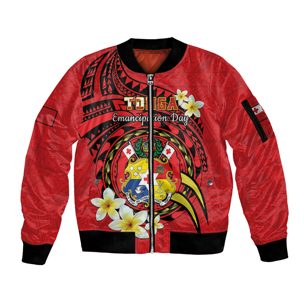 Personalised Tonga Emancipation Day Sleeve Zip Bomber Jacket Tongan Ngatu Pattern - Red Version LT14 Unisex Red - Polynesian Pride