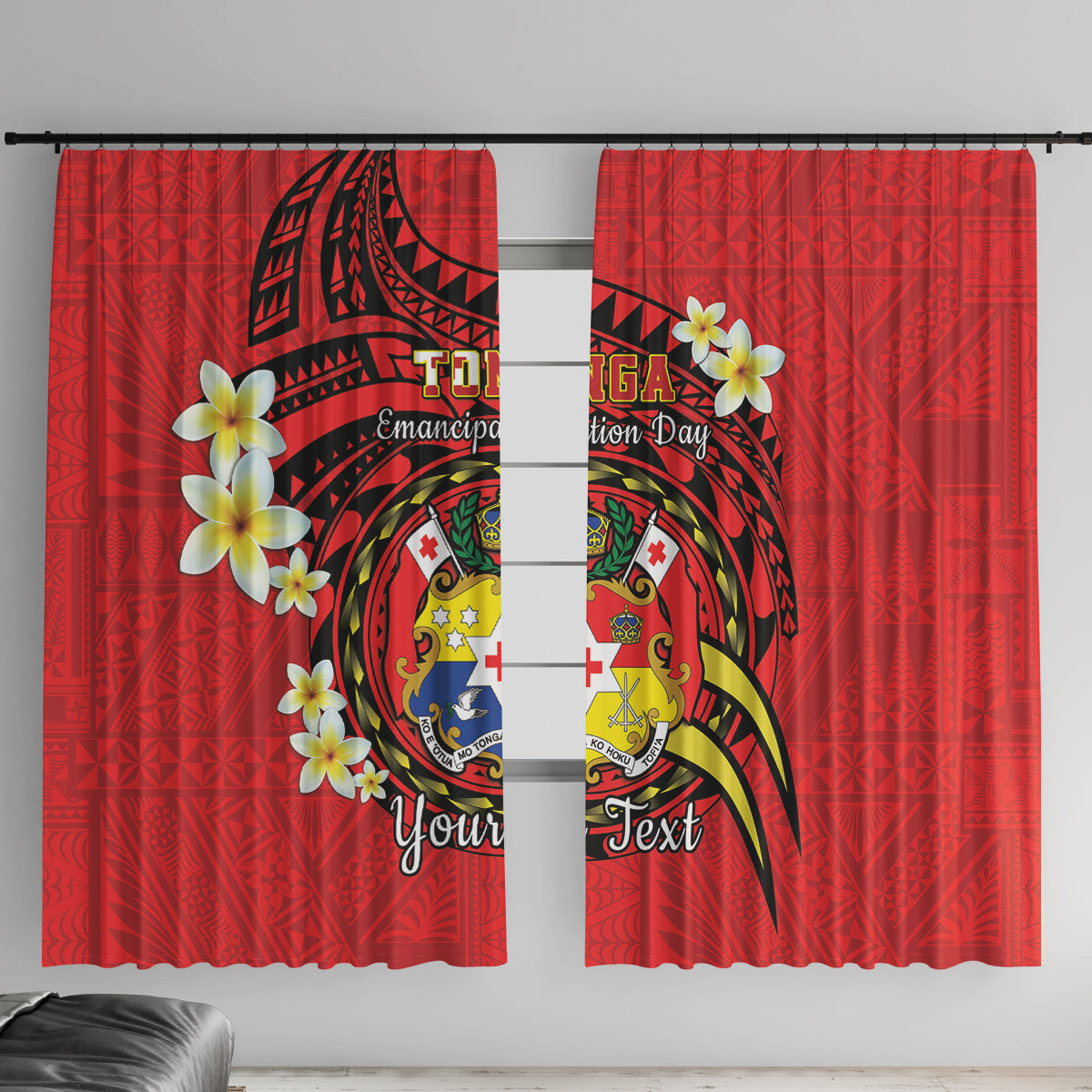 Personalised Tonga Emancipation Day Window Curtain Tongan Ngatu Pattern - Red Version LT14 With Hooks Red - Polynesian Pride