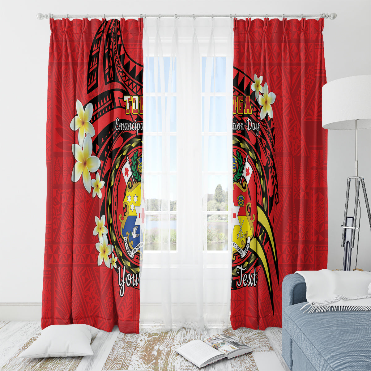 Personalised Tonga Emancipation Day Window Curtain Tongan Ngatu Pattern - Red Version LT14 - Polynesian Pride