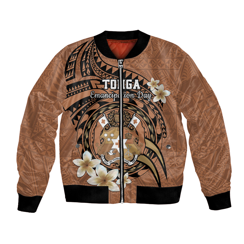 Personalised Tonga Emancipation Day Bomber Jacket Tongan Ngatu Pattern - Brown Version LT14 Unisex Brown - Polynesian Pride