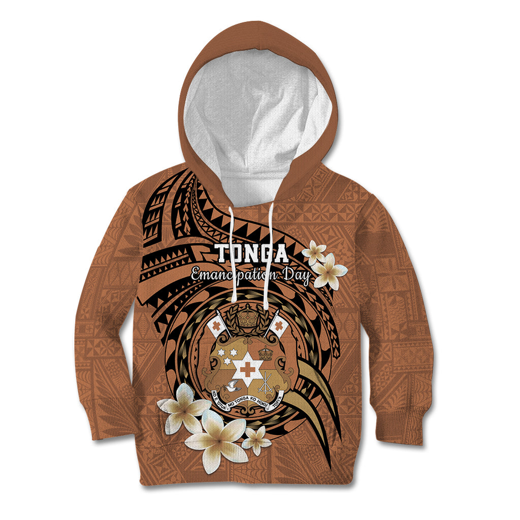 Personalised Tonga Emancipation Day Kid Hoodie Tongan Ngatu Pattern - Brown Version