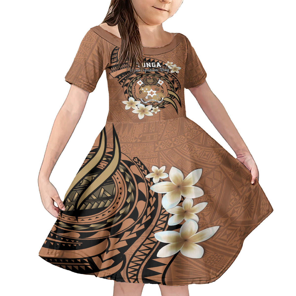 Personalised Tonga Emancipation Day Kid Short Sleeve Dress Tongan Ngatu Pattern - Brown Version LT14 KID Brown - Polynesian Pride