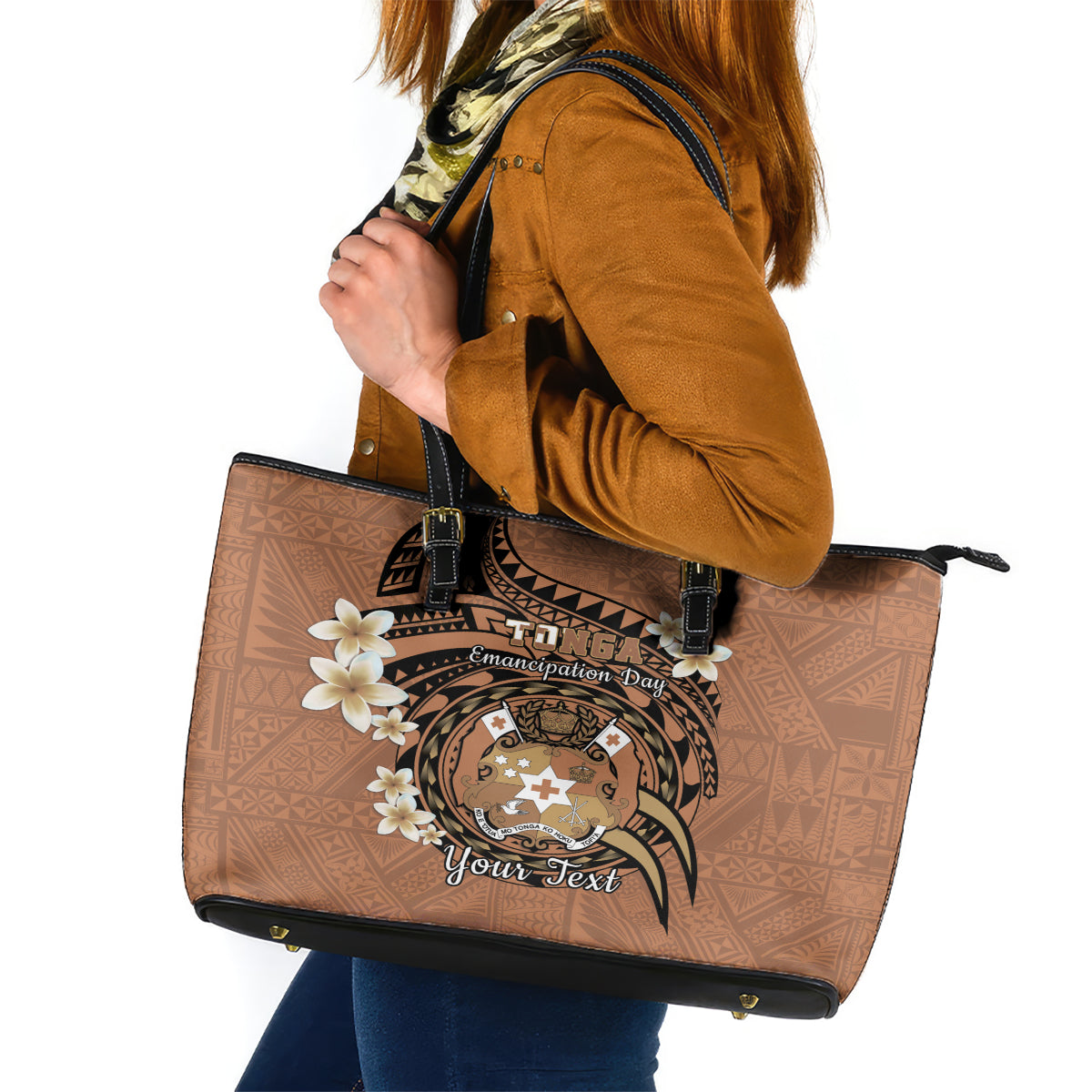 Personalised Tonga Emancipation Day Leather Tote Bag Tongan Ngatu Pattern - Brown Version LT14 Brown - Polynesian Pride