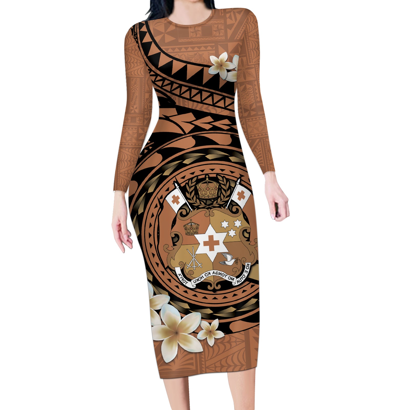 Personalised Tonga Emancipation Day Long Sleeve Bodycon Dress Tongan Ngatu Pattern - Brown Version LT14 Long Dress Brown - Polynesian Pride