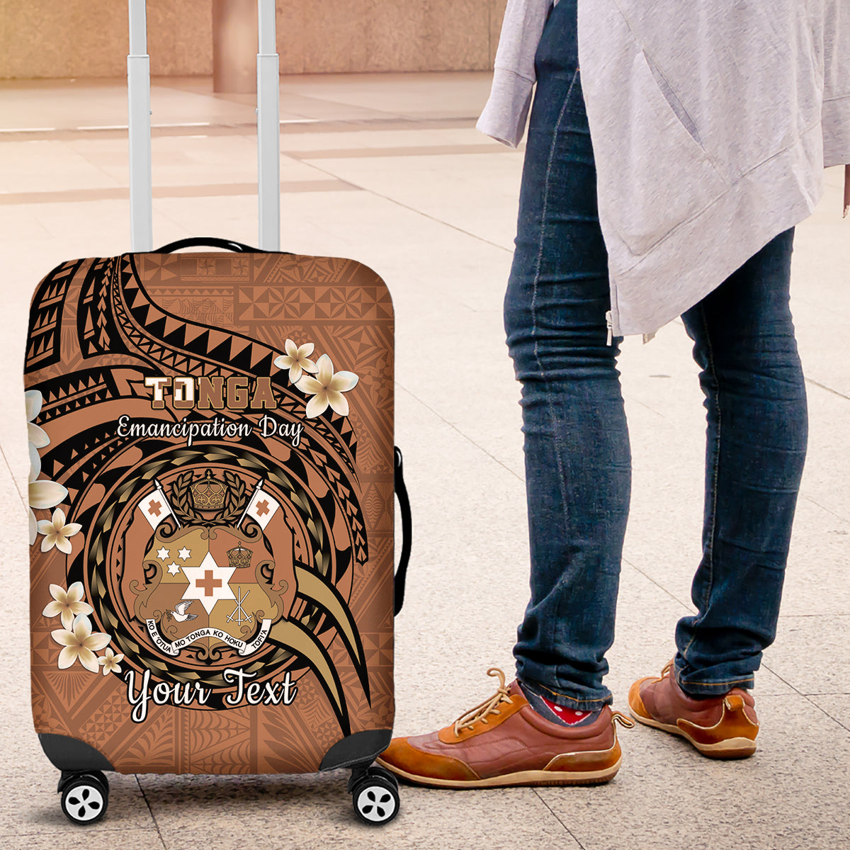 Personalised Tonga Emancipation Day Luggage Cover Tongan Ngatu Pattern - Brown Version LT14 Brown - Polynesian Pride