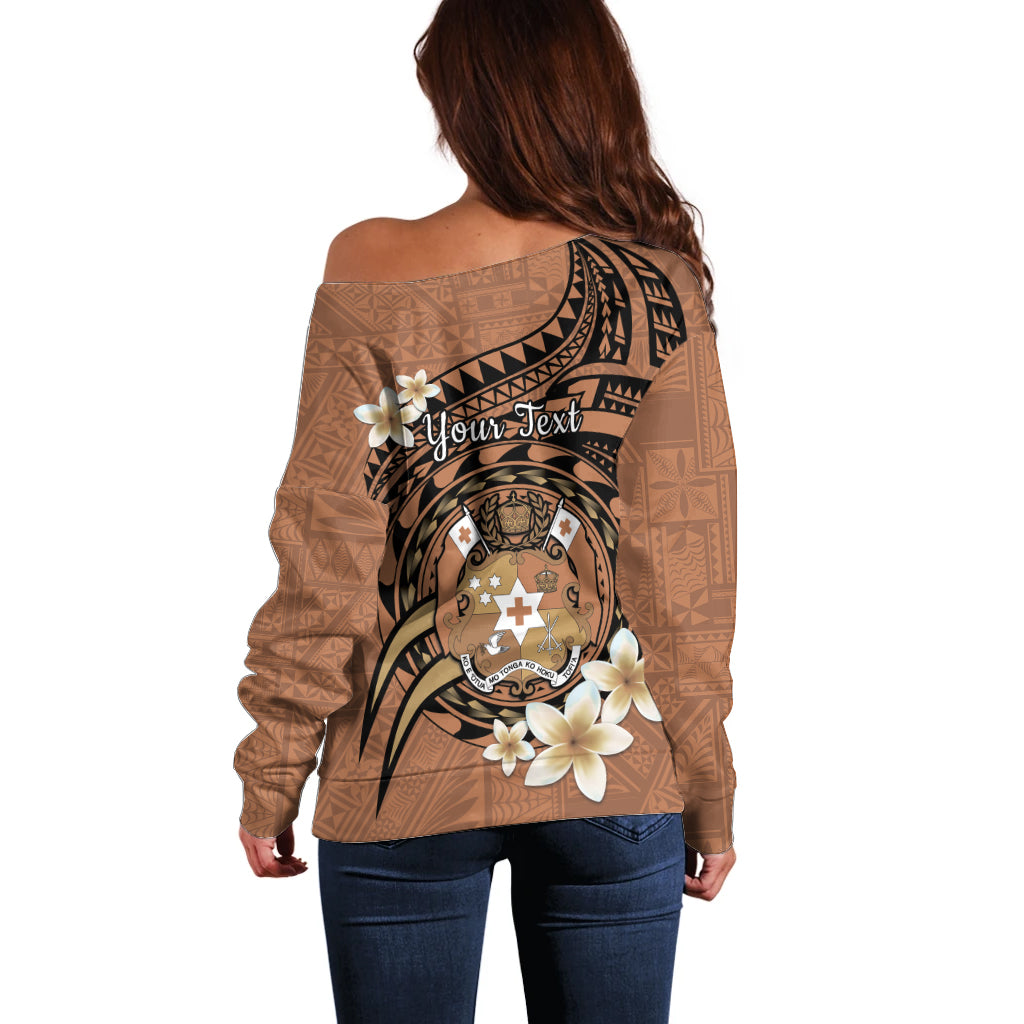 Personalised Tonga Emancipation Day Off Shoulder Sweater Tongan Ngatu Pattern - Brown Version LT14 - Polynesian Pride
