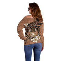 Personalised Tonga Emancipation Day Off Shoulder Sweater Tongan Ngatu Pattern - Brown Version LT14 - Polynesian Pride