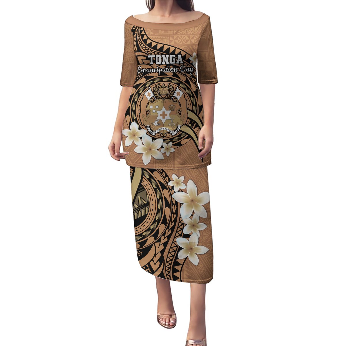 Personalised Tonga Emancipation Day Puletasi Tongan Ngatu Pattern - Brown Version LT14 Long Dress Brown - Polynesian Pride