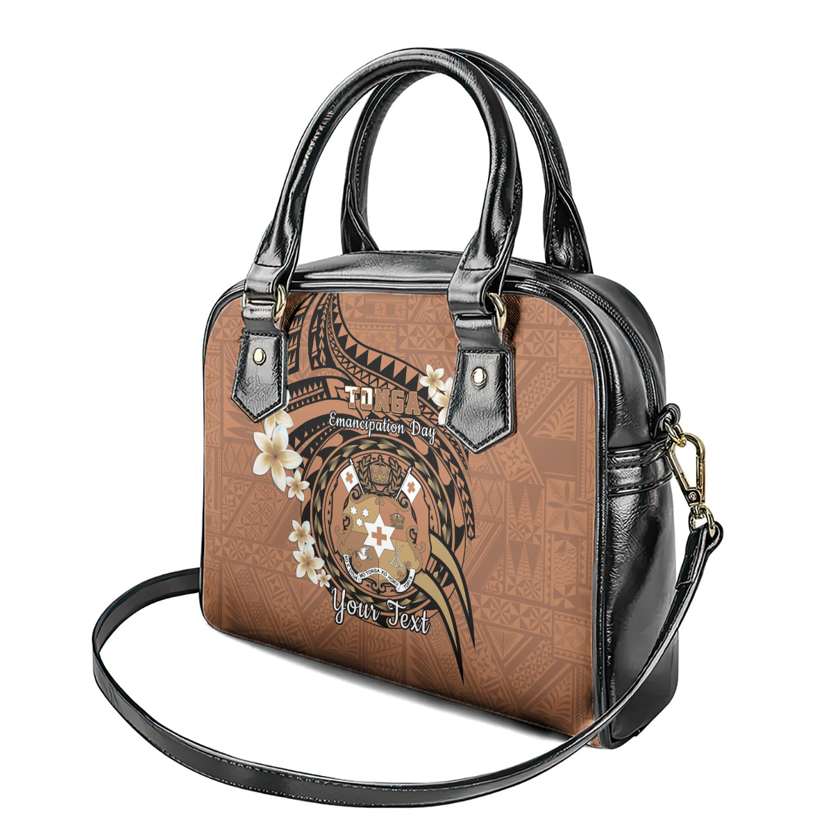Personalised Tonga Emancipation Day Shoulder Handbag Tongan Ngatu Pattern - Brown Version LT14 - Polynesian Pride