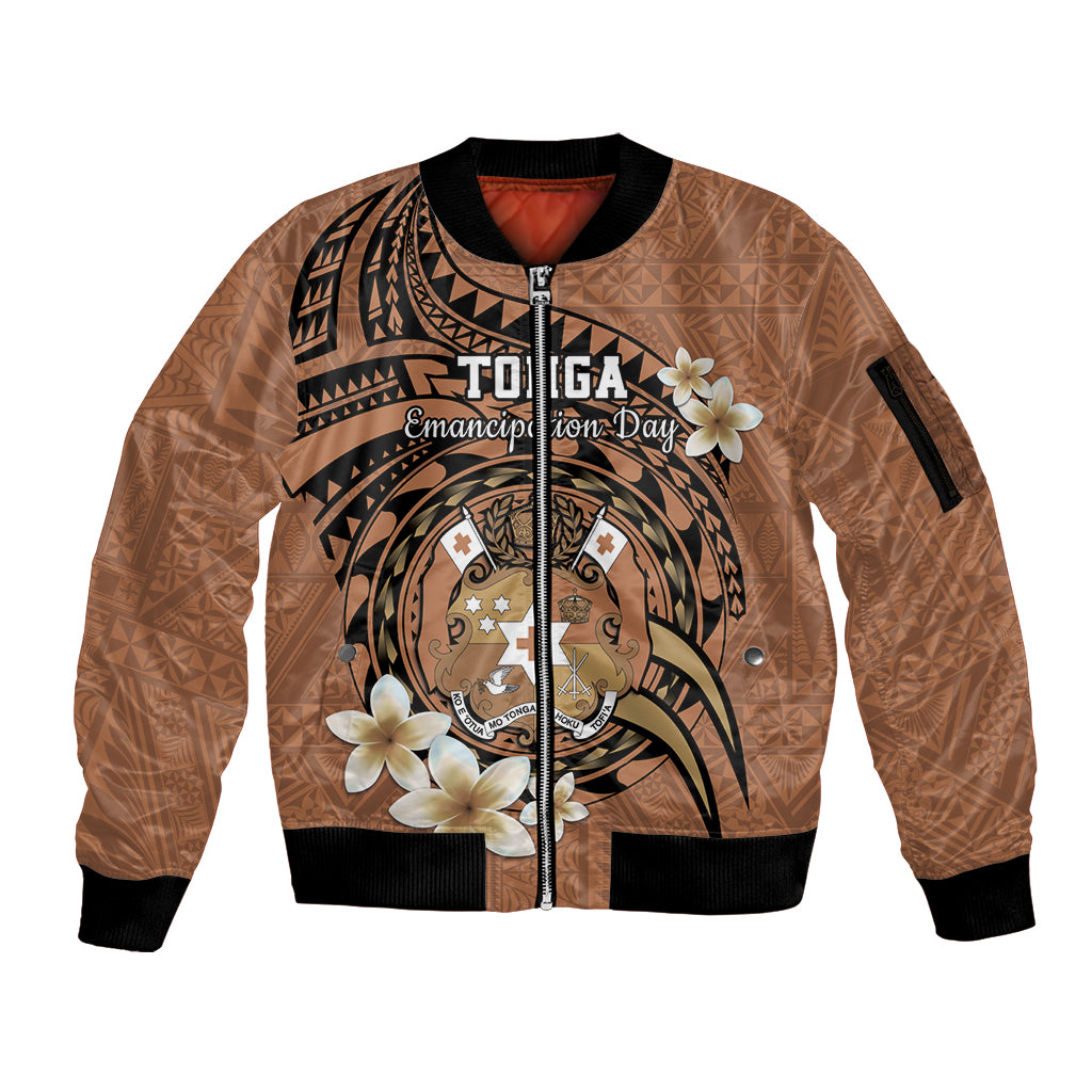 Personalised Tonga Emancipation Day Sleeve Zip Bomber Jacket Tongan Ngatu Pattern - Brown Version LT14 Unisex Brown - Polynesian Pride