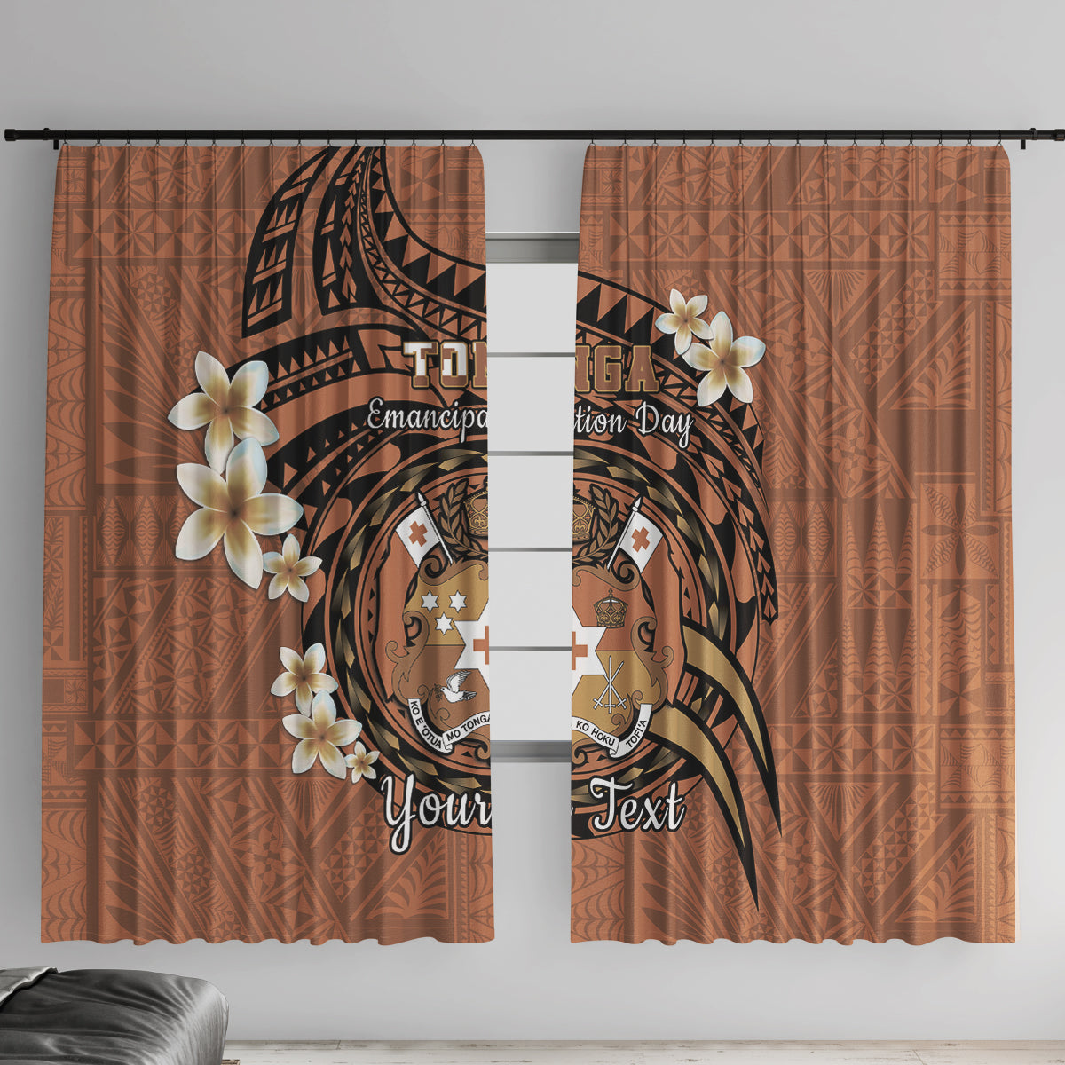 Personalised Tonga Emancipation Day Window Curtain Tongan Ngatu Pattern - Brown Version LT14 With Hooks Brown - Polynesian Pride