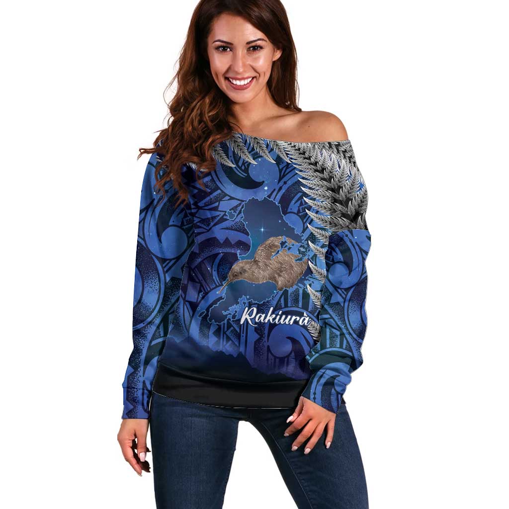 New Zealand Stewart Island Off Shoulder Sweater Rakiura Kiwi Maori Glowing Sky LT14 Women Blue - Polynesian Pride