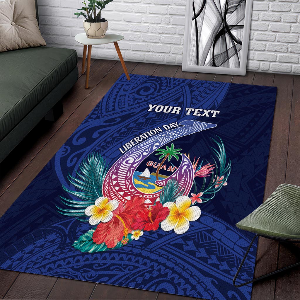 Personalised Guam Liberation Day Area Rug Happy 80th Anniversary Fish Hook Mix Tropical Flowers LT14 Blue - Polynesian Pride