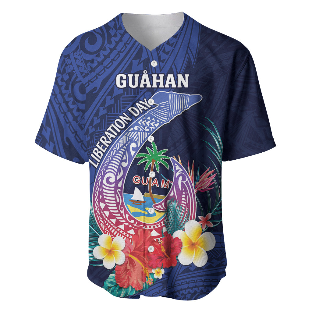 Personalised Guam Liberation Day Baseball Jersey Happy 80th Anniversary Fish Hook Mix Tropical Flowers LT14 Blue - Polynesian Pride