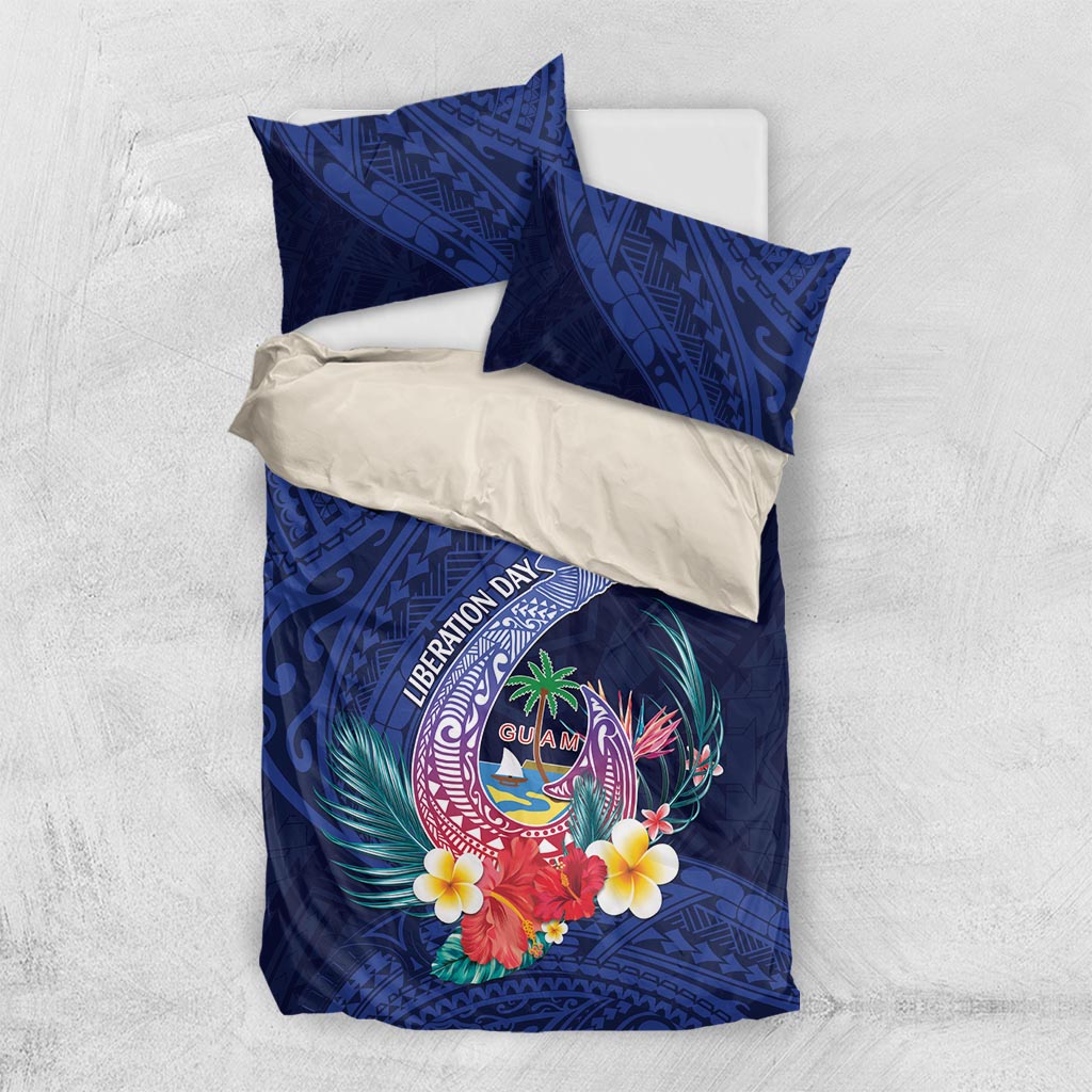 Personalised Guam Liberation Day Bedding Set Happy 80th Anniversary Fish Hook Mix Tropical Flowers LT14 US Twin 172cm x 218cm Blue - Polynesian Pride